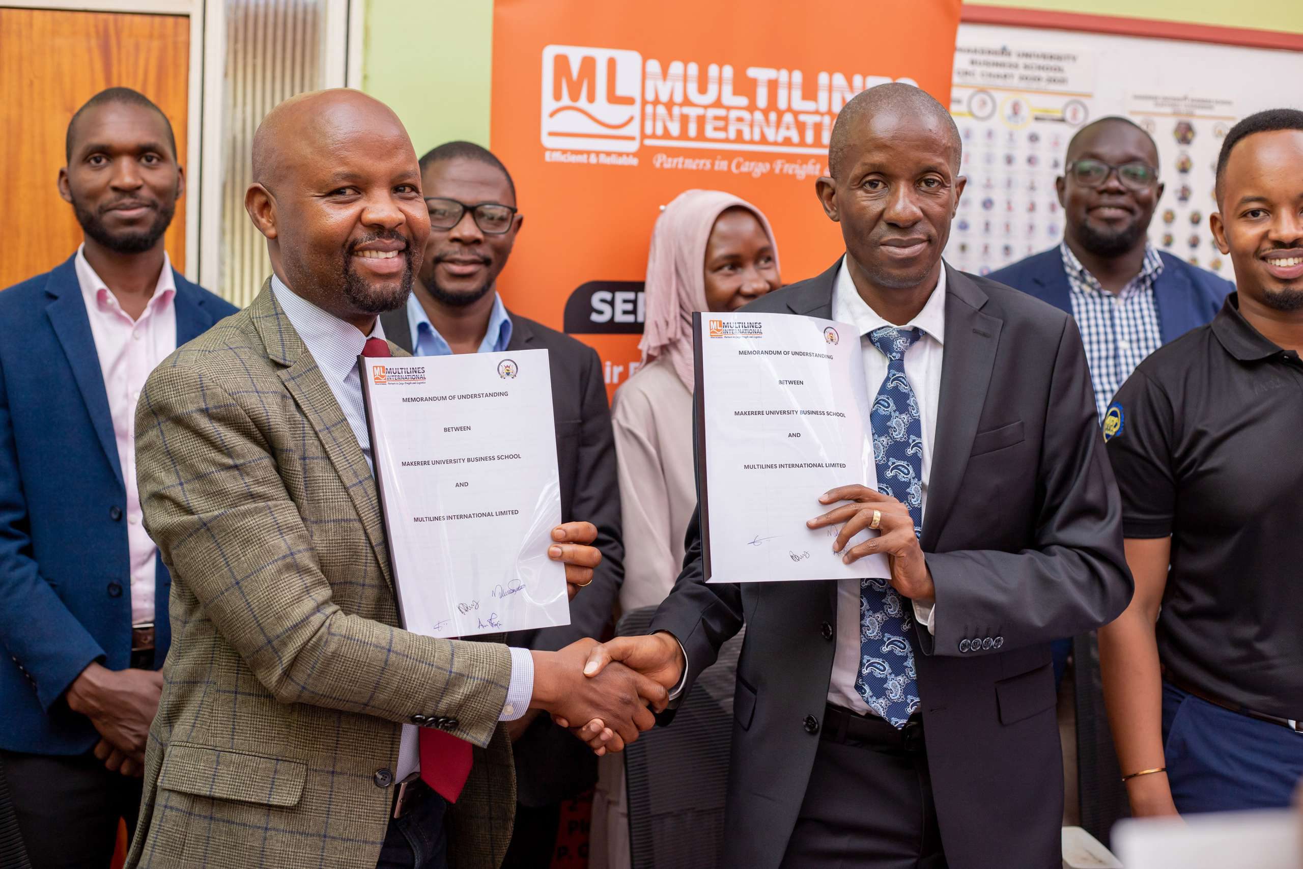 Multilines CEO, Mr. Gerald Mukyenga, and MUBS Principal, Prof. Muhwezi Moses FCILT, solidify a strategic partnership through an MoU signing at MUBS, Nakawa.