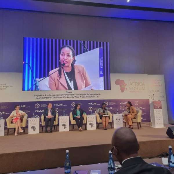 Multilines International Rwanda's Managing Director, Mrs. Julie Mutoni, moderating a panel discussion on the importance of upskilling and continuous learning to drive innovation and growth in the industry at the Chartered Institute of Logistics and Transport (CILT) Africa Forum 2023
