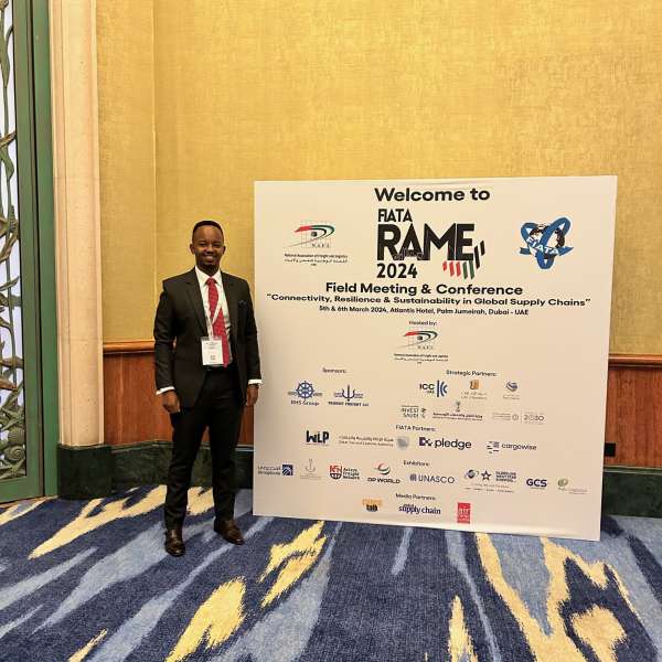 Davis Mukyenga, Group Head - Corporate and Legal at Multilines International, participates in a discussion at the FIATA-RAME Conference in Dubai.